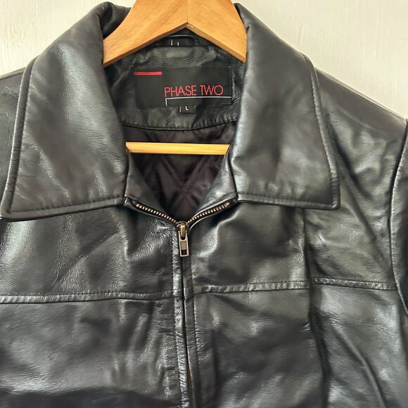 Phase Two Black Leather Jacket Womens Large Full Zip Pockets - Picture 4 of 6